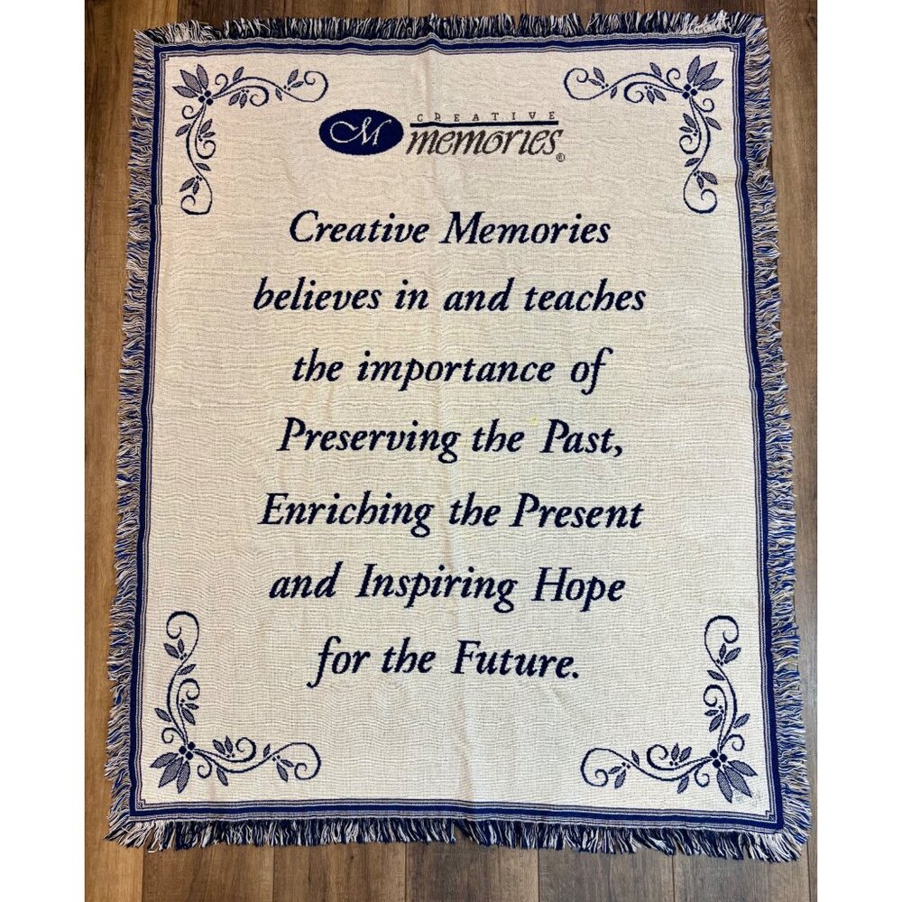 Creative Memories Tapestry Throw Blanket 48” X 61" Blue White‎ Cotton Fringe